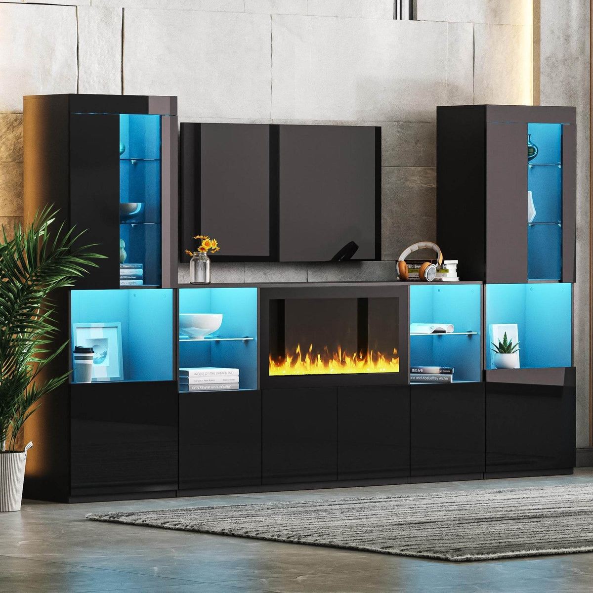 Modern Black LED Fireplace TV Stand with Shelves - Omega Lifestyles