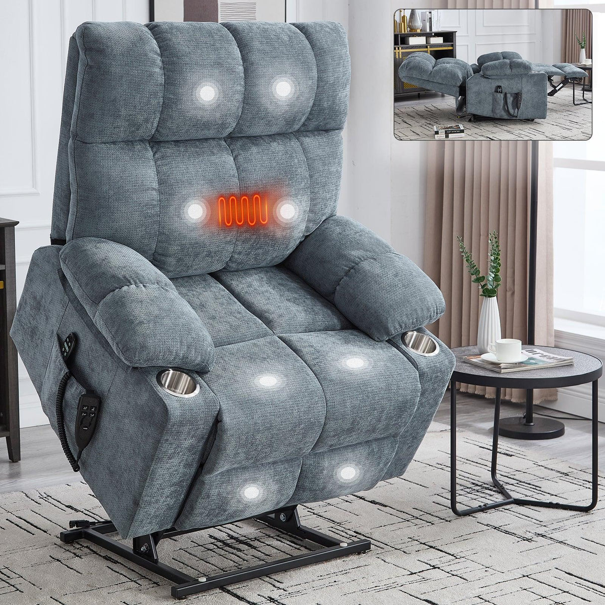 Medium-Firm Chenille Power Lift Recliner Chair With Massage - Omega Lifestyles