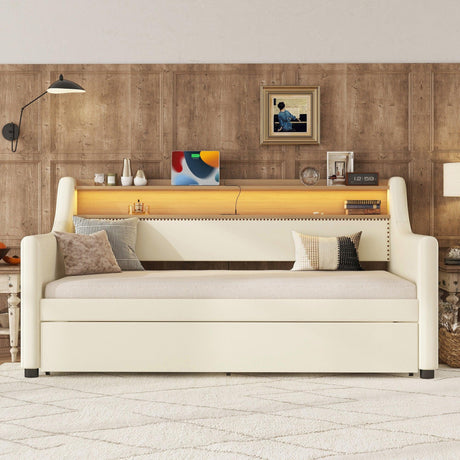 Twin Leather Upholstered Daybed With Trundle Charging Station - Omega Lifestyles