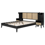 Queen Solid Wood Platform Bed Frame With Nightstands And Lamps - Omega Lifestyles