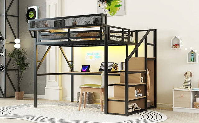 Full Metal Full Size Loft Bed With Desk Charging Station - Omega Lifestyles