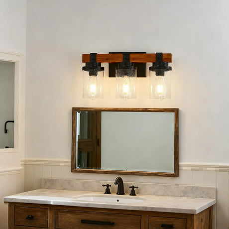 3-Light Matte Black Wooden Glass Shade Wall Lamp - Omega Lifestyles