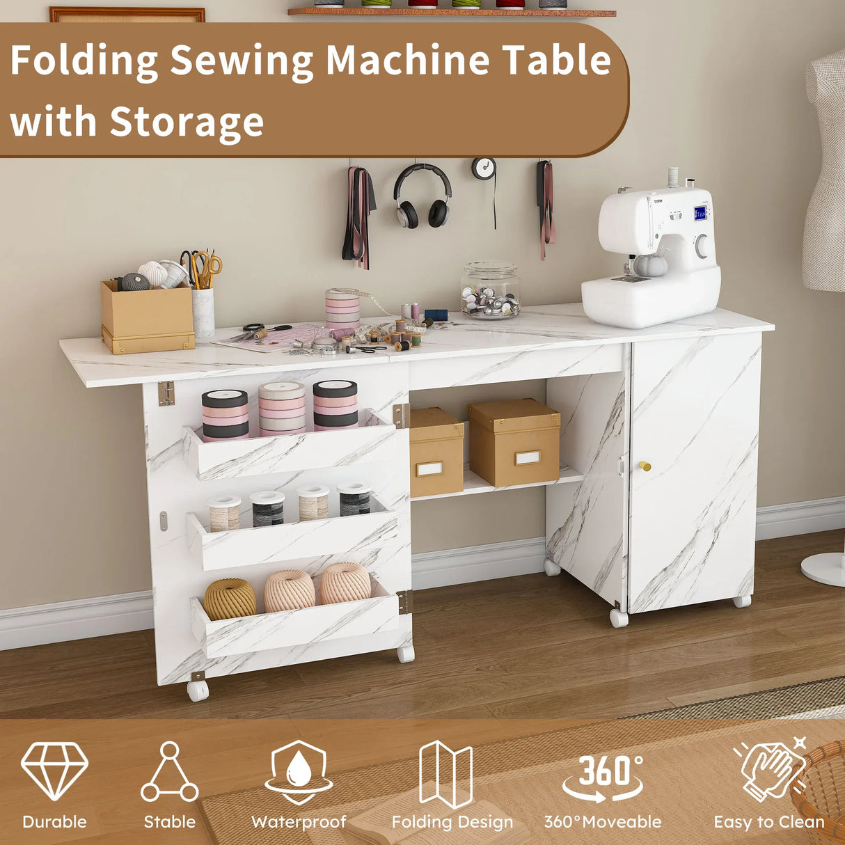 Foldable Adjustable Sewing Machine Table With Storage Cabinet - Omega Lifestyles