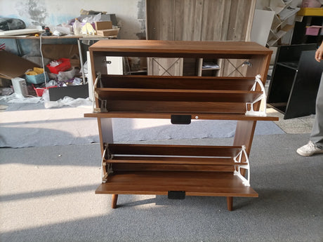 Farmhouse Walnut MDF Shoe Cabinet With Flip Drawers - Omega Lifestyles