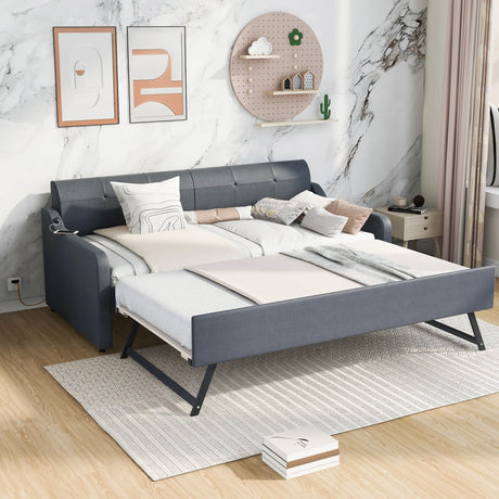 Twin Upholstered Daybed With Trundle And USB Charging - Omega Lifestyles