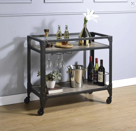 Rustic Oak Metal Serving Cart With Wine Rack - Omega Lifestyles