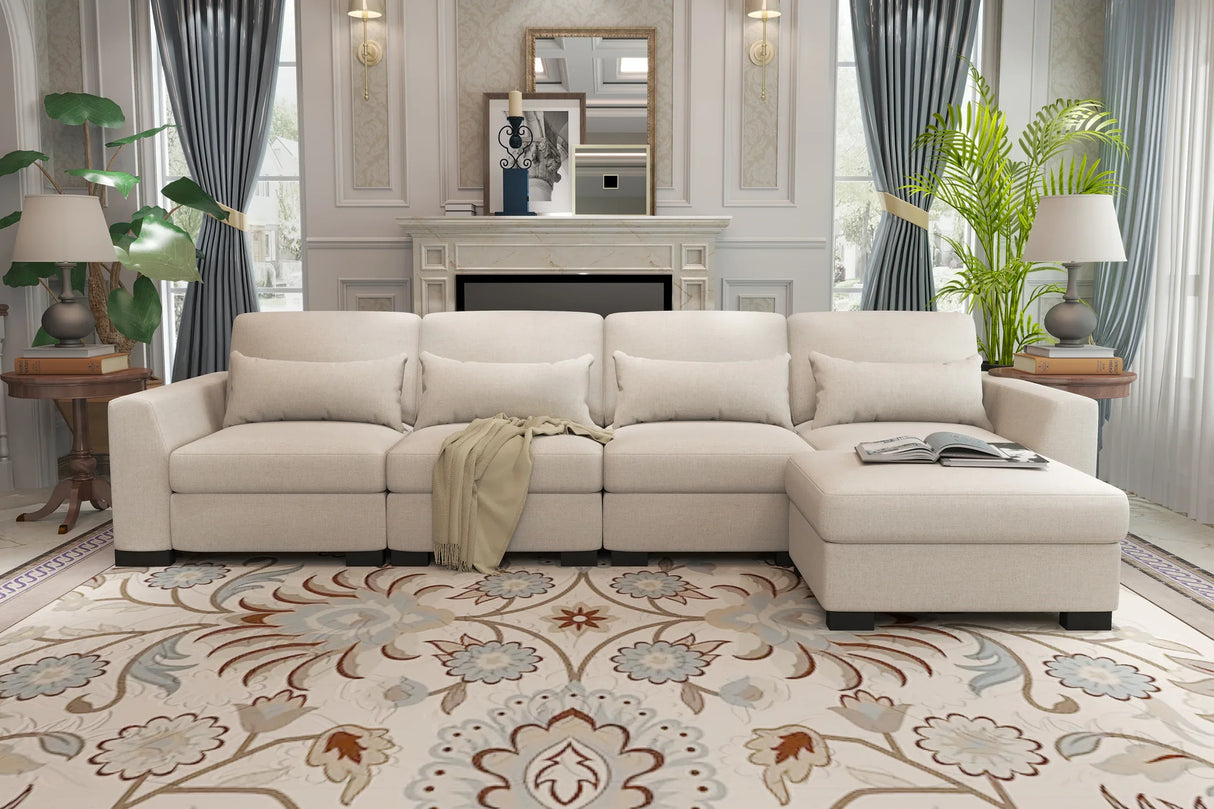 Beige Modular L-Shaped 5-Seat Foam Cushion Sofa With Ottoman - Omega Lifestyles