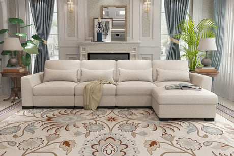 Beige Modular L-Shaped 5-Seat Foam Cushion Sofa With Ottoman - Omega Lifestyles