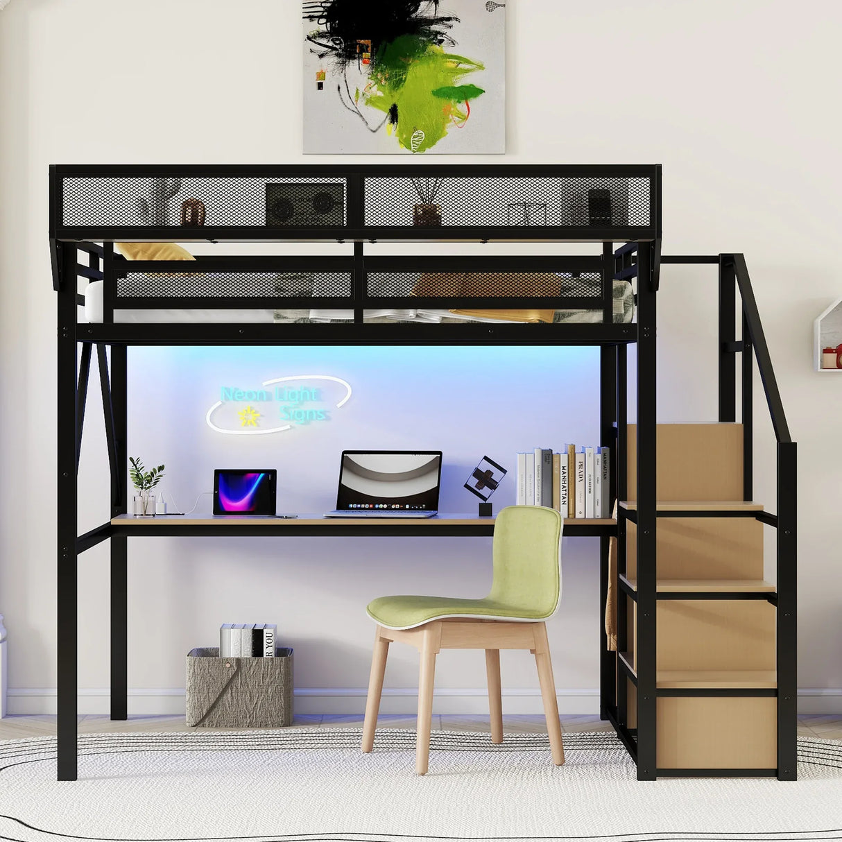 Full Metal Full Size Loft Bed With Desk Charging Station - Omega Lifestyles