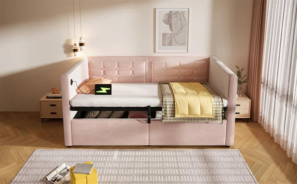 Twin Pink Velvet Upholstered Hydraulic Storage Bed Frame - Omega Lifestyles