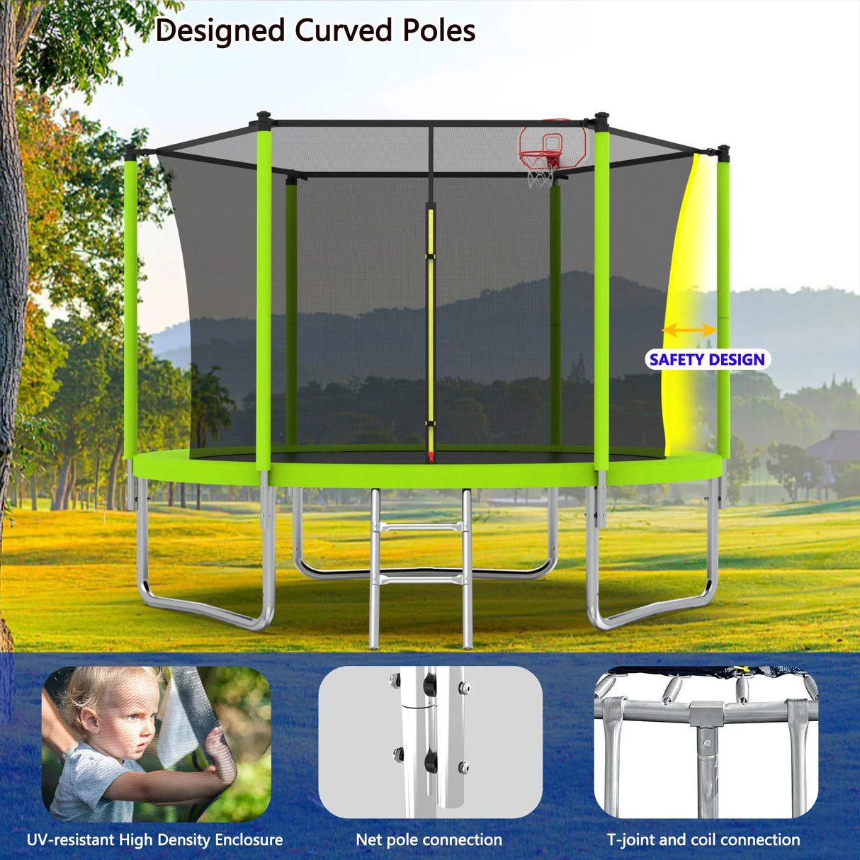 8-Inch Green Safety Enclosure Outdoor Trampoline - Omega Lifestyles