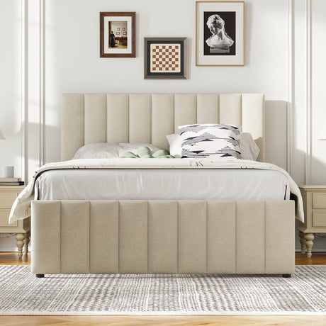 Full Full Size Upholstered Linen Platform Bed With Trundle - Omega Lifestyles