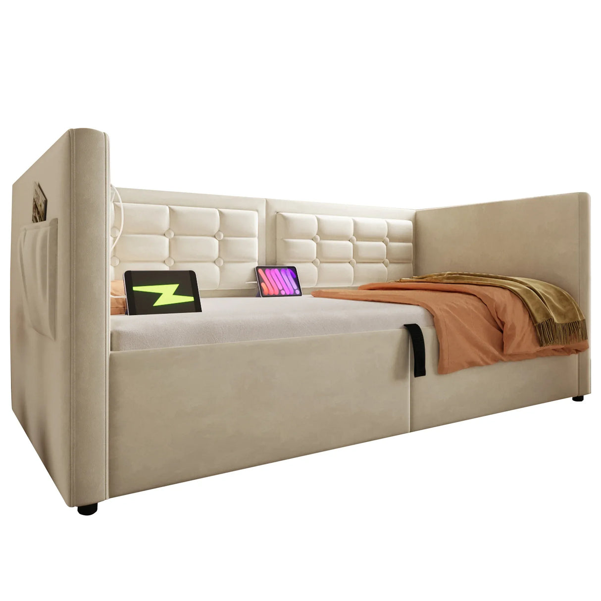 Twin Beige Velvet Upholstered Hydraulic Storage Bed Frame - Omega Lifestyles