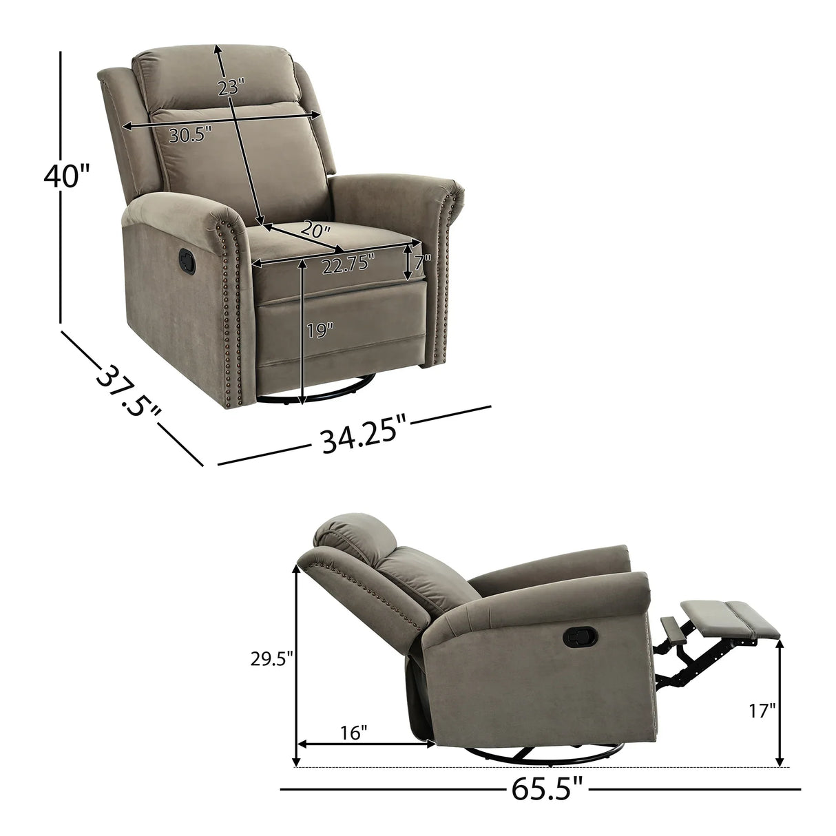 Light Brown Velvet 360° Swivel Adjustable Backrest Recliner - Omega Lifestyles