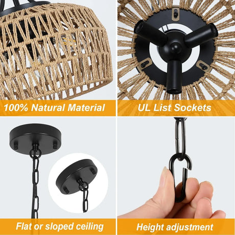 Boho 3-Light Rattan Farmhouse Chandelier Pendant Light - Omega Lifestyles
