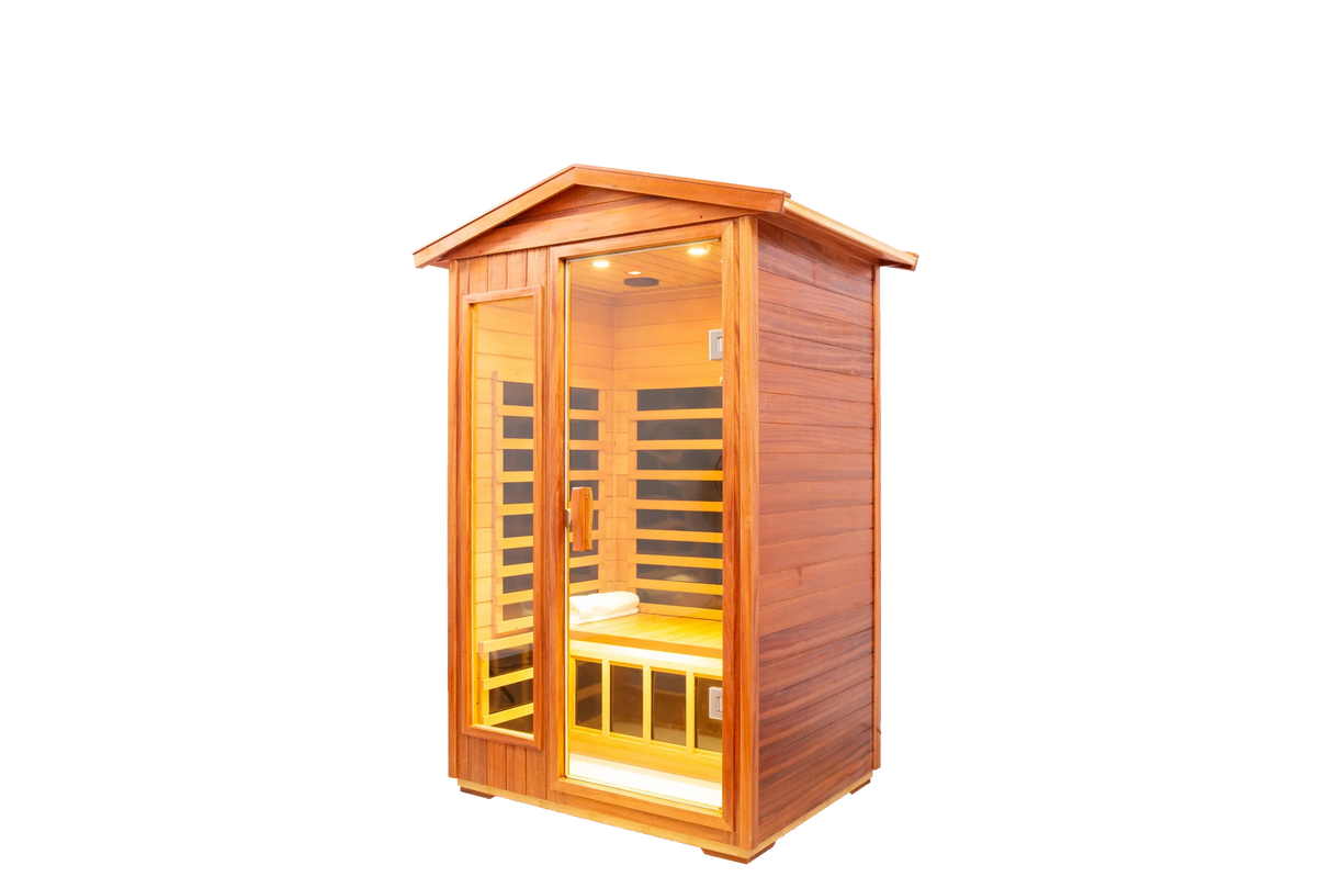Two Person Far Infrared Khaya Wood Outdoor Sauna Room - Omega Lifestyles