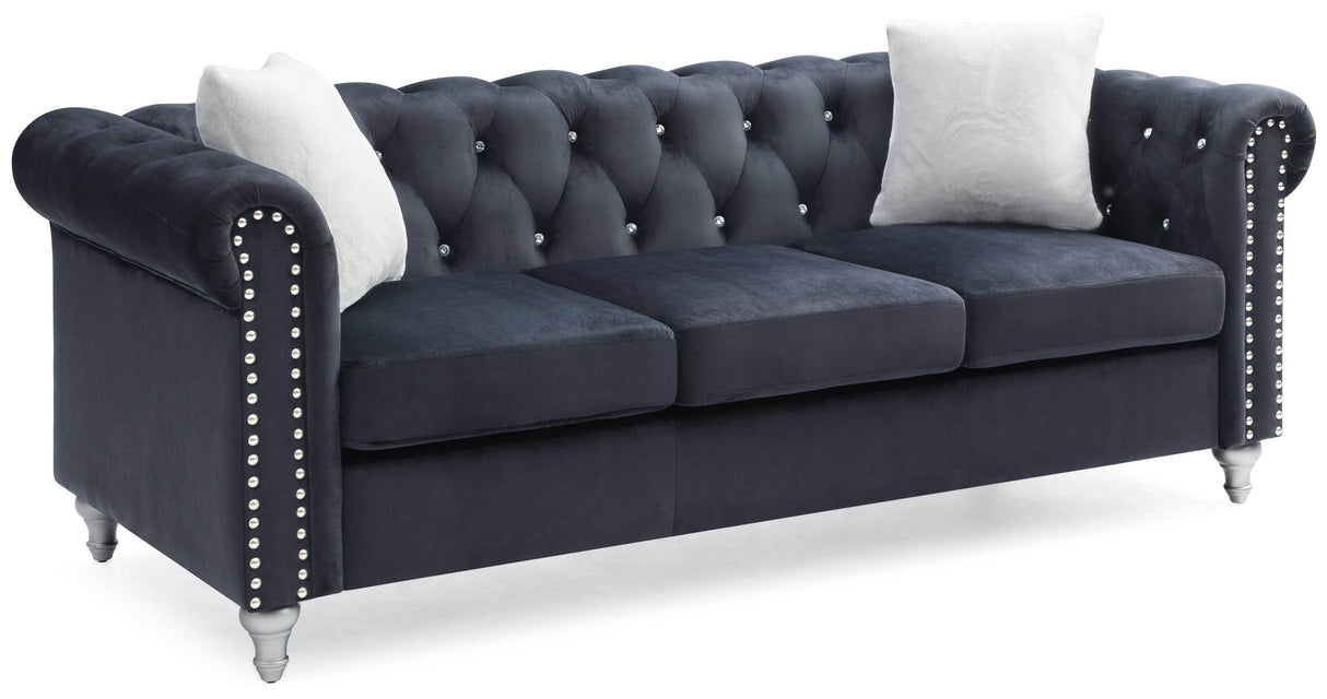 Velvet Upholstered Three-Seat Tufted Sofa With Nailhead Trim - Omega Lifestyles