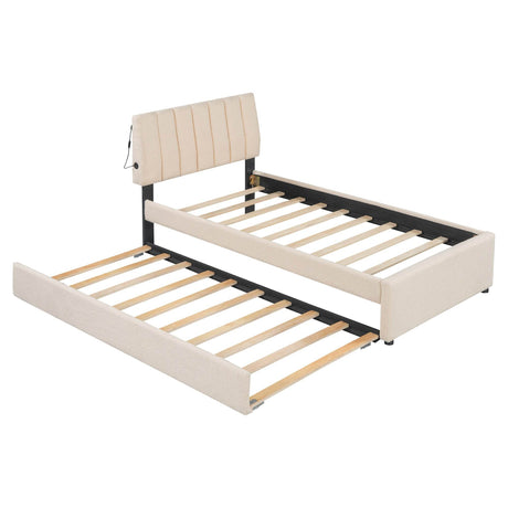 Twin Upholstered Platform Bed With LED Light Trundle - Omega Lifestyles