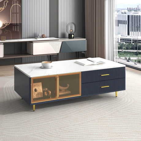 Modern Navy Blue MDF Coffee Table With Drawers Lighting - Sleep Galleria