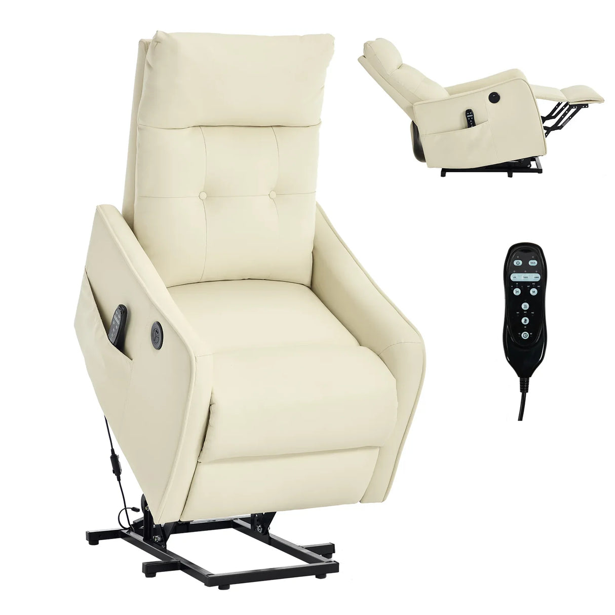 Beige Faux Leather Power Lift Recliner Chair With Massage Heat - Omega Lifestyles