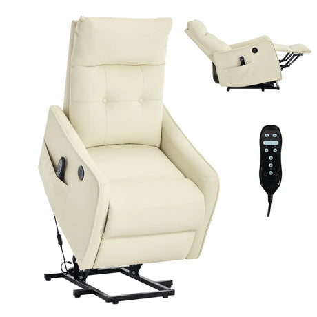 Beige Faux Leather Power Lift Recliner Chair With Massage Heat - Omega Lifestyles
