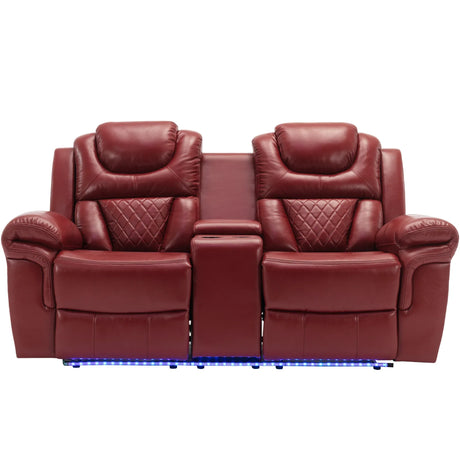 Wine Red Faux Leather Manual Recliner Sofa Set With LED Strip - Omega Lifestyles