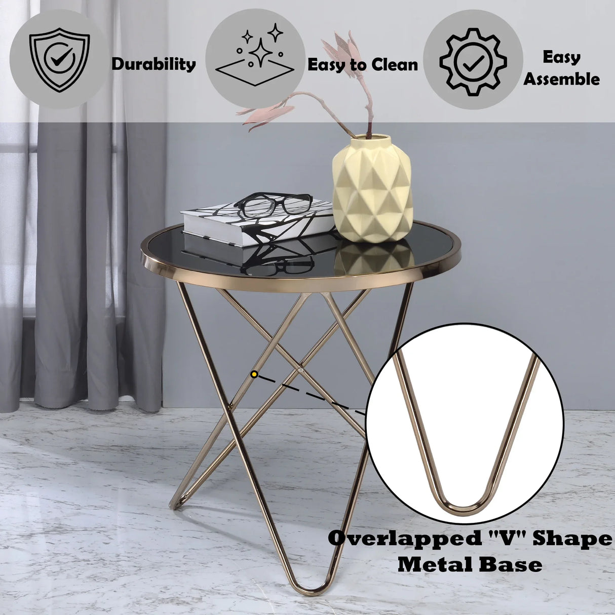 Black Glass Metal Round End Table Champagne Finish - Omega Lifestyles