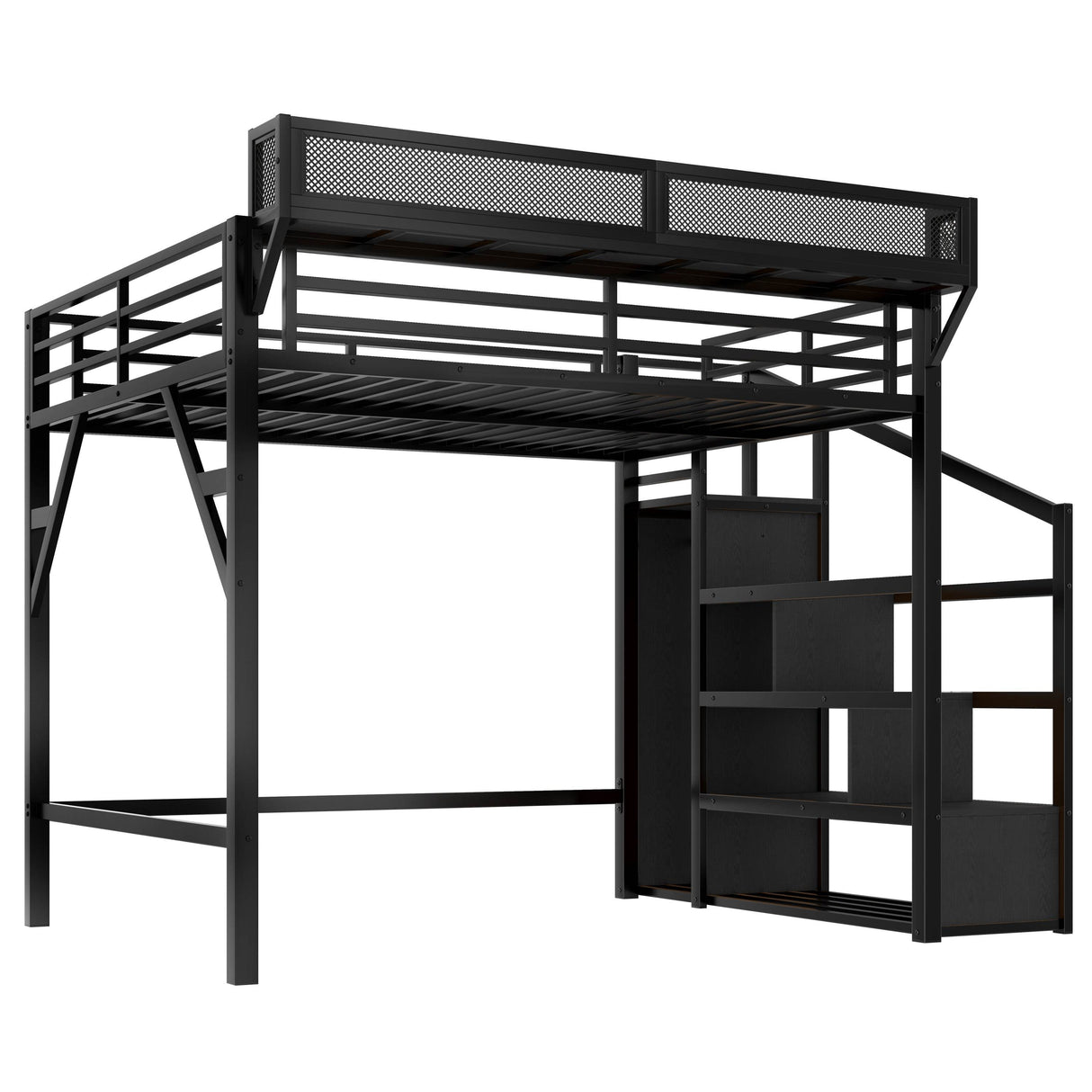 Queen Metal Loft Bed With Storage Stairs USB LED Lighting - Omega Lifestyles