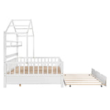 Full Size Wooden House Bed With Twin Trundle And Shelves - Omega Lifestyles