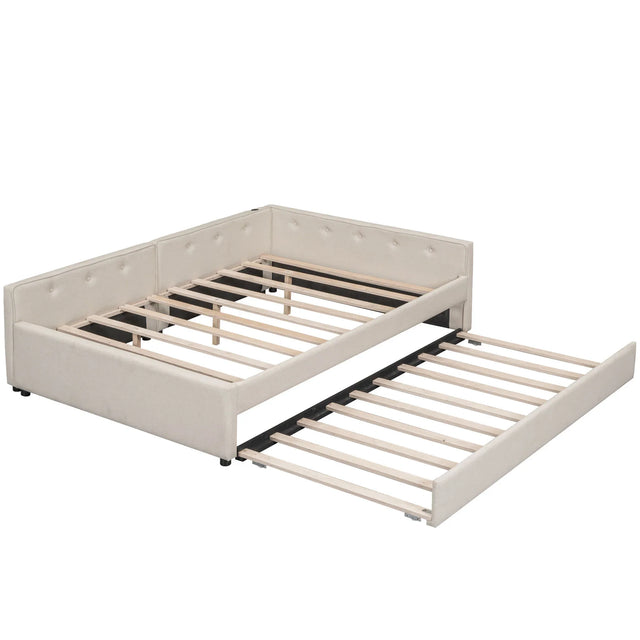 Full Upholstered Linen Platform Bed Frame With USB Trundle - Omega Lifestyles