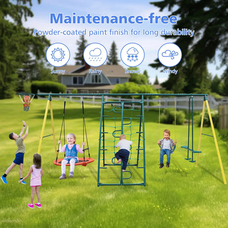 6-in-1 Steel Frame Kids Backyard Swing Set - Omega Lifestyles