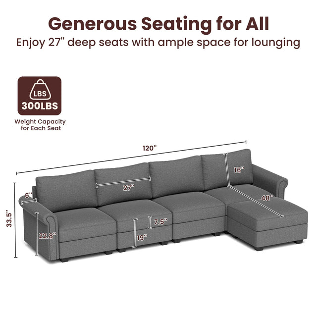 Modular 5-Seater Memory Foam Sectional Sofa Couch - Omega Lifestyles