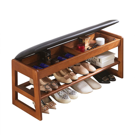 Walnut Rubber Wood Shoe Stool With Flip-Top Storage Bench - Omega Lifestyles