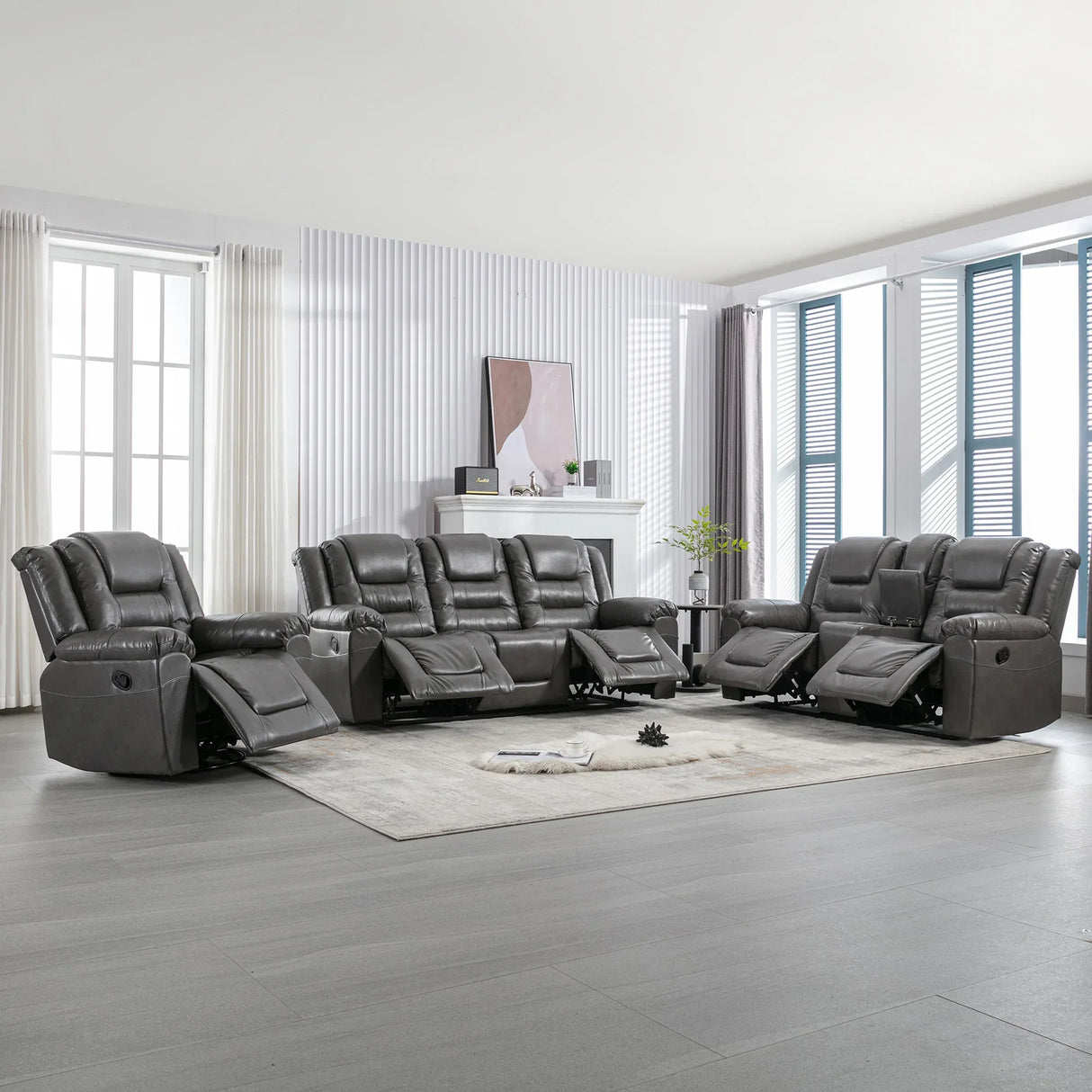 Grey Manual PU Upholstered Home Theater Recliner Chair Set - Omega Lifestyles