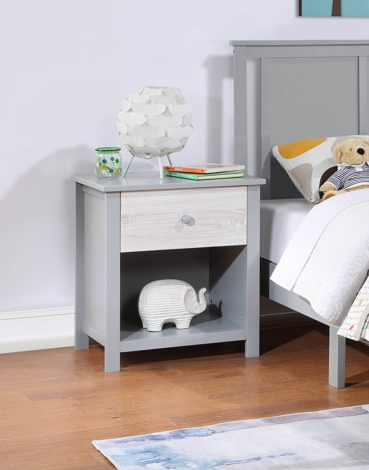 Solid Wood Gray Nightstand With Storage Drawer