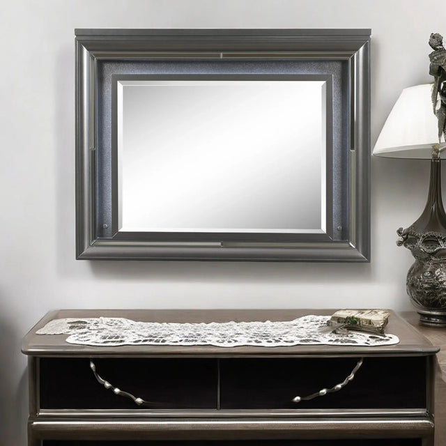 LED Gray Framed Wall Mirror With Beveled Edge Lighting - Omega Lifestyles