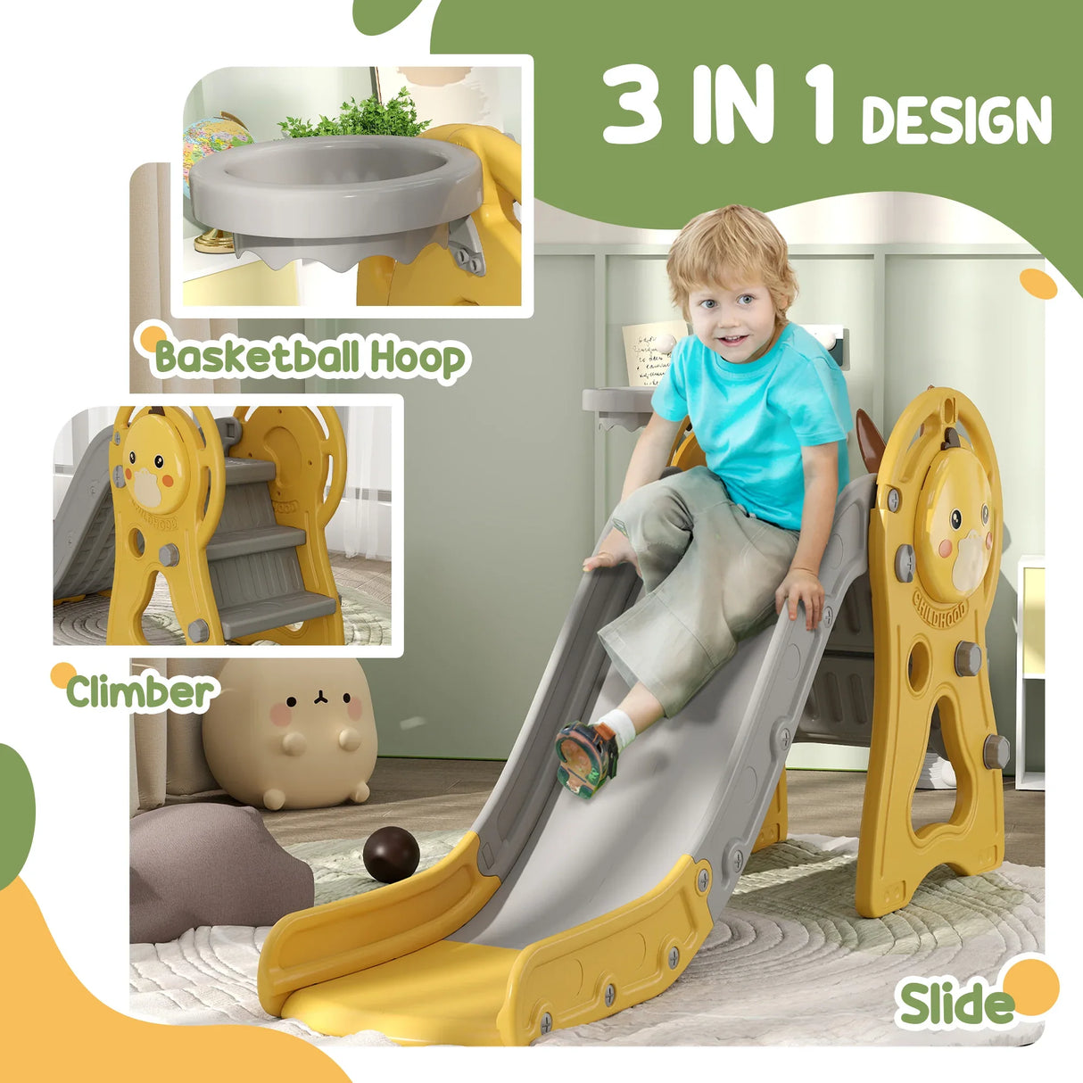 3-in-1 Toddler Slide Climber Basketball Hoop Indoor Playset - Omega Lifestyles