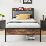 Twin Metal Wood Bed Frame With Storage Headboard