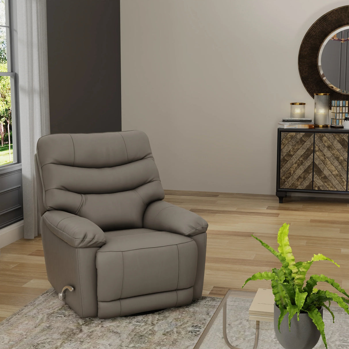 Light Gray Top Grain Leather Swivel Glider Recliner - Omega Lifestyles