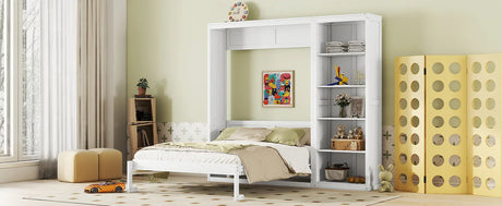 Queen Murphy Bed Wall Bed With Shelves White Solid Wood - Omega Lifestyles