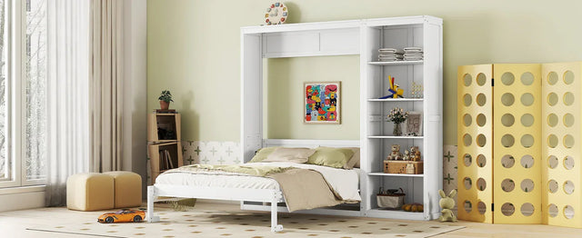Queen Murphy Bed Wall Bed With Shelves White Solid Wood - Omega Lifestyles