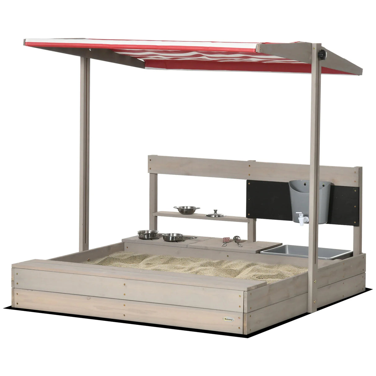 Adjustable Canopy Wooden Kids Sandbox With Kitchen Playset - Omega Lifestyles