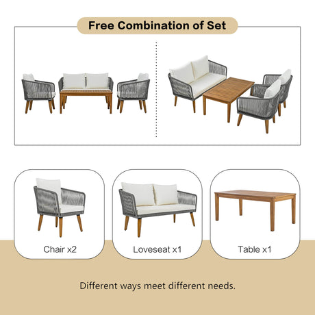 4-Piece Mid-Century Modern Woven Rope Patio Furniture Set - Omega Lifestyles