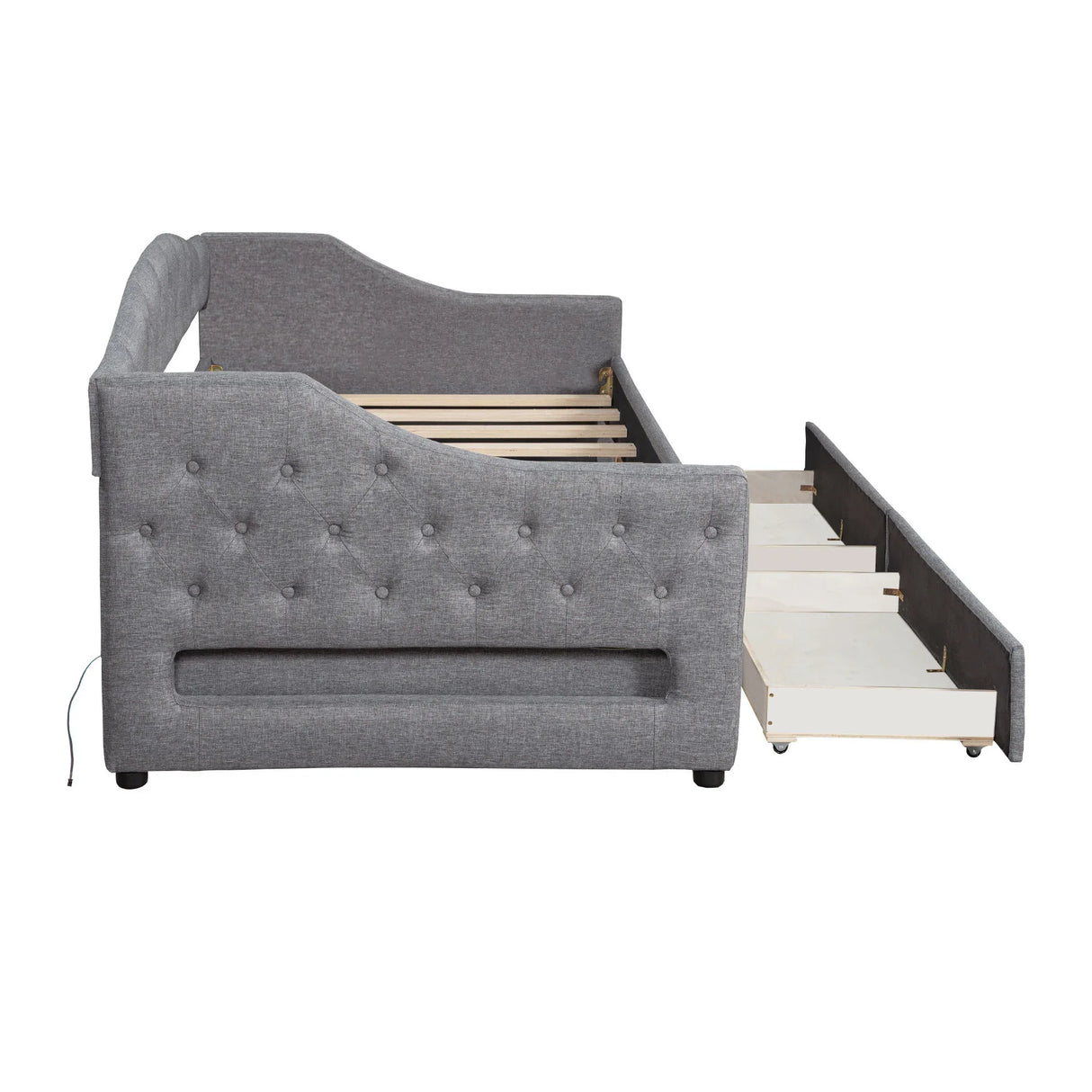 Twin XL Linen Upholstered Daybed With LED Lighting And Drawers - Omega Lifestyles