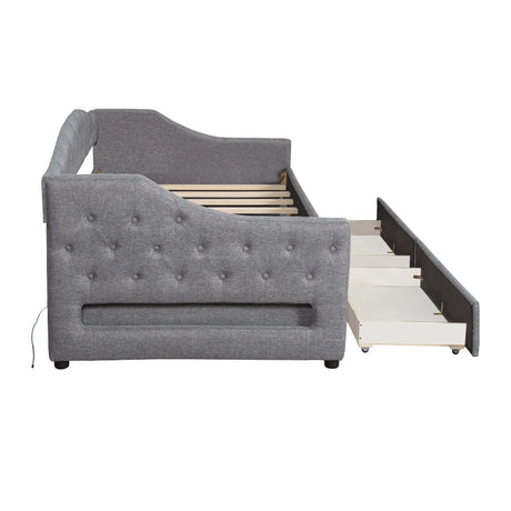 Twin XL Linen Upholstered Daybed With LED Lighting And Drawers - Omega Lifestyles