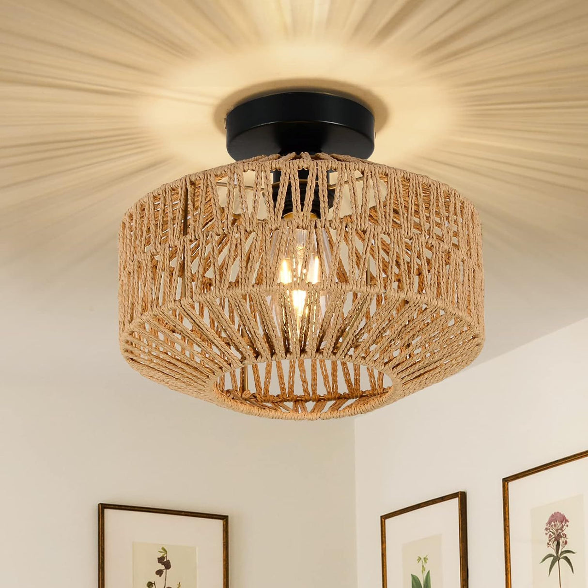Boho Rattan Mini Chandelier Ceiling Light Fixture