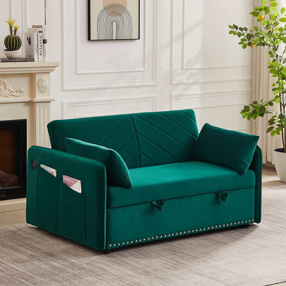 Adjustable Velvet Sleeper Sofa Bed With USB Port