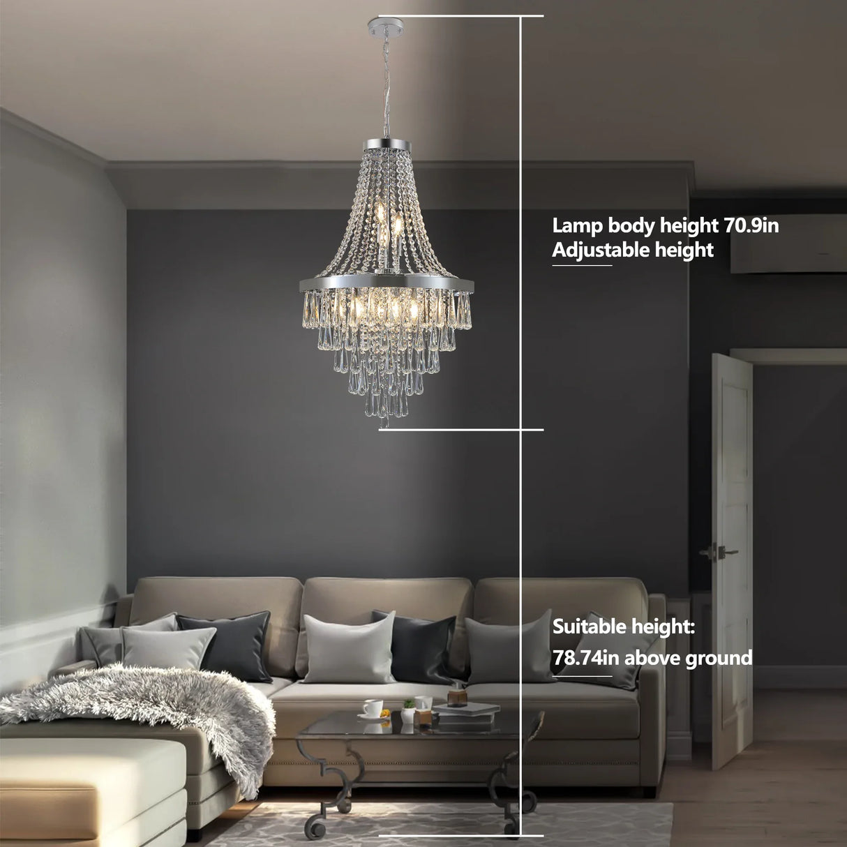 Luxury Chrome Crystal Adjustable Height Modern Chandelier - Omega Lifestyles