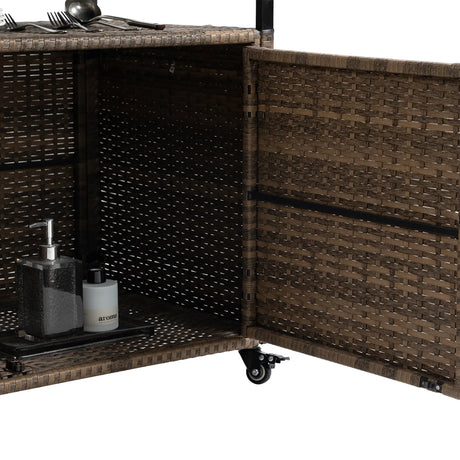 Outdoor Wicker Bar Cart With Glass Top And Wheels - Omega Lifestyles
