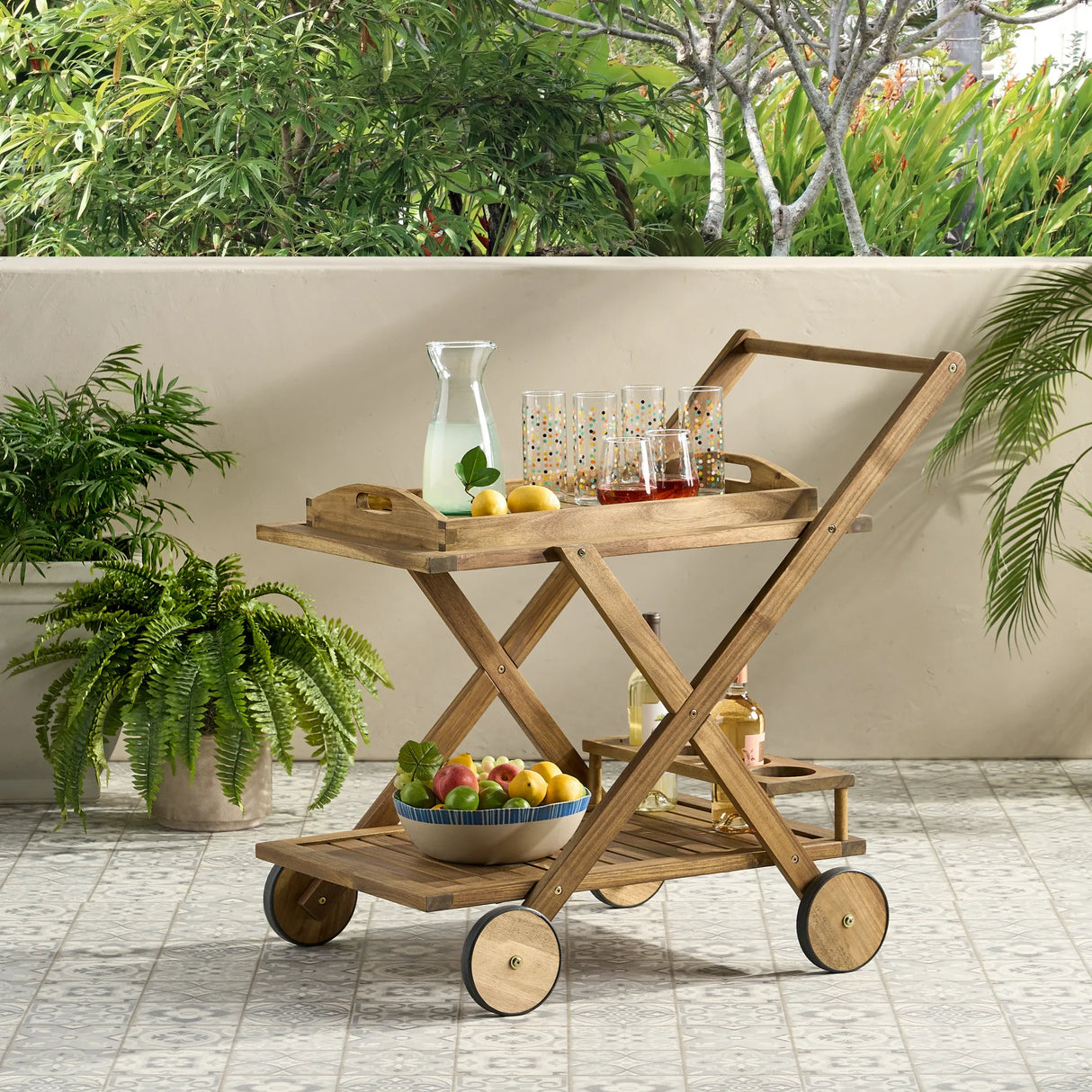 Natural Stained Acacia Wood Mobile Bar Cart With Wheels - Omega Lifestyles